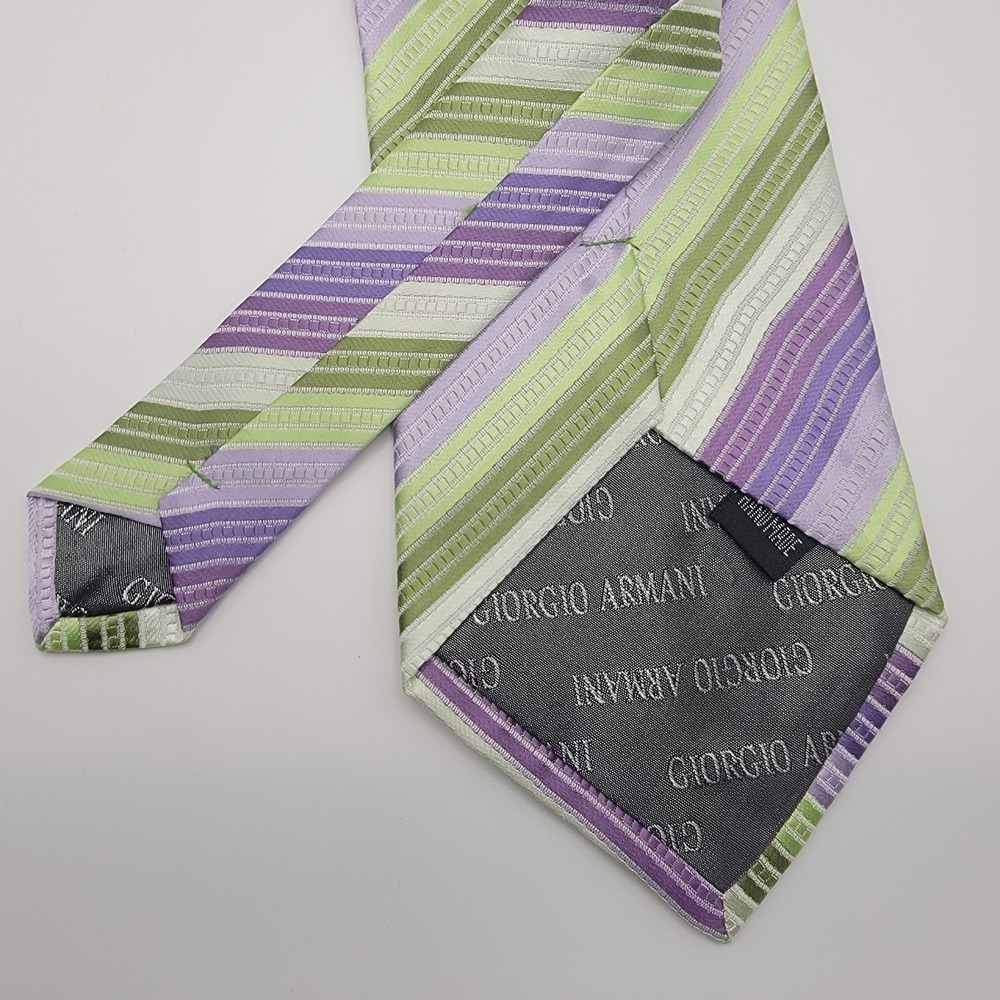 Giorgio Armani Silk Jacquard‎ Stripe Tie Purple Green Handmade Italy Classic - Picture 4 of 6